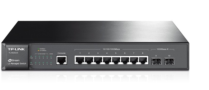 TP-Link TL-SG3210 / Switch 8-Puertos | 2405 - Switch administrable Capa 2, 8-Puertos LAN Gigabit, 2-Puertos SFP Gigabit, 1-Puerto de consola, Capacidad de conmutación: 20Gbps, Reenvío de Paquetes: 14.9Mpps, Tabla de MAC Address: 8K, Búfer: 4MB 