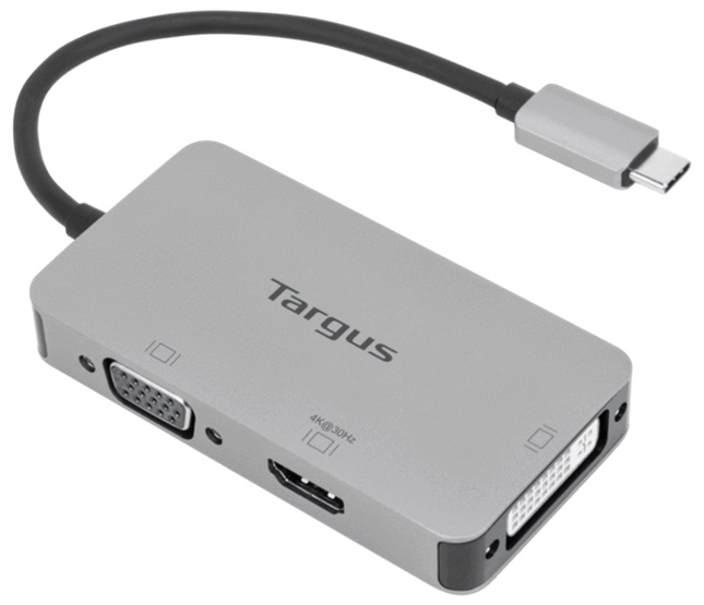 Adaptador de Video - Targus ACA961USZ-50BL / USB-C | 2109 - Adaptador de video USB-C con 4K HDMI / DVI / VGA. Este versátil adaptador le permite conectar su dispositivo USB Tipo-C a una pantalla HDMI externa 4K @ 30Hz, una pantalla DVI 1080p @ 60Hz