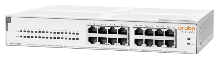 Switch PoE 16-Puertos / HPE Aruba 1430 R8R48A | 2308 - R8R48A#ABA / Switch PoE No Administrable Aruba Instant On 1430 con 16 Puertos LAN Gigabit, PoE 124W, Capa 2, Conmutación 32 Gbps, Procesamiento 23.8 Mpps, MAC 8K, Jumbo Frame 9K