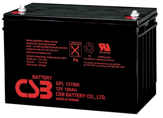 Bateria 12V-100Ah / CSB GPL121000 AGM | 2312 - Bateria CSB Sellada libre de mantenimiento, Tecnología Absorbent Glass Mat (AGM), 12V/100Ah @ 20-Hr Rate, Larga vida y gran confiabilidad, Baja autodescarga: Menos del 10% después de 90 días