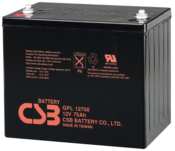 Bateria 12V- 75Ah / CSB GPL12750 AGM | 2304 - Bateria CSB GPL 12750 / Tecnología Absorbent Glass Mat (AGM), 12V/75Ah @ 20-Hr Rate, Larga vida y gran confiabilidad, Baja autodescarga: Menos del 10% después de 90 días