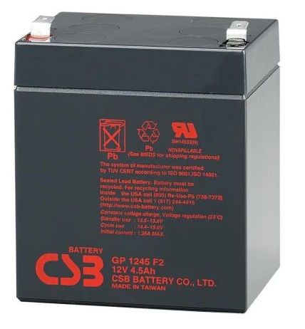 Bateria 12V-  4.5Ah / CSB GP 1245 F2 AGM | 2304 - Batería de plomo ácido regulada por válvula, 12V/4.5h @ 20-Hr Rate, Tecnología Absorbent Glass Mat (AGM), Terminal: F1/F2-Faston Tab187/250, Material del contenedor: ABS (UL94-HB)