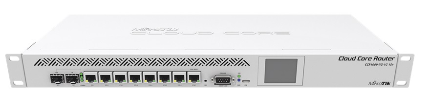 Cloud Core Router  8-Puertos - MicroTik CCR1009-7G-1C-1S+ / SFP+ 10G | 2109 - Cloud Core Router con 7-Puertos de Red Gigabit, 1-Puerto Combinado (LAN/SFP) Gigabit, 1-Puerto SFP+ 10G, 1-Puerto USB, 1-Puerto Serial RS232, PoE Pasivo, Procesador 9-Core