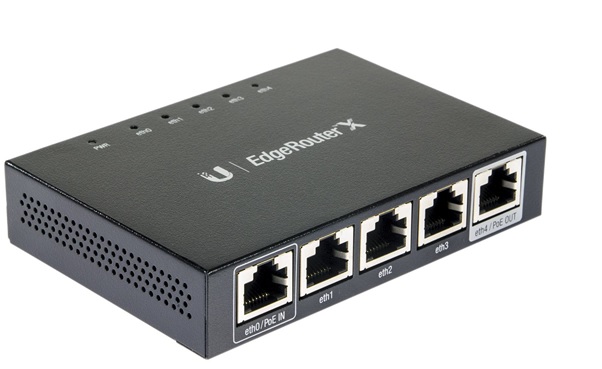 EdgeRouter X  - Ubiquiti ER-X | Capa 2, Puertos: 1x Gigabit Ethernet PoE, 3x Gigabit Ethernet, Gigabit Ethernet (Pass-Through) PoE. Memoria flash: 256 MB, Procesador: 880 MHz