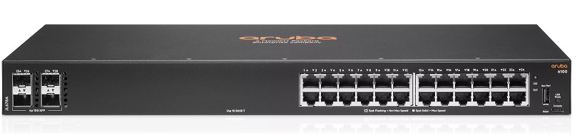Switch PoE 24-Puertos / HPE Aruba 6100 JL677A | 2308 - Switch de red gestionado Gigabit Aruba 6100, 24-Puertos LAN Gigabit, 4-Ranuras SFP+ 10G, 1-Puerto USB-C (consola), 1-Puerto USB-A, Procesador Cortex A9 2-Core 1016 Mhz, Memoria RAM 4GB, PoE 370W  