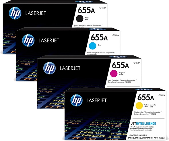 Toner para HP M652 / HP 655A | 2402 - HP 655A | Toner para HP Color LaserJet Enterprise M652. El Kit Incluye: CF450A Negro, CF451A Cyan, CF452A Amarillo, CF453A Magenta. Rendimiento: Negro 12.500 / Color 10.500 Páginas al 5%. HP M652dn M652n  