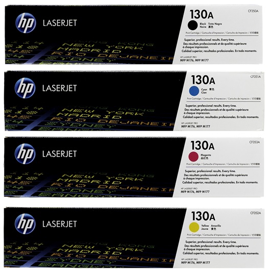 Toner para HP M176 / 130A | 2402 - Toner Original 130A para HP LaserJet Pro M176. El Kit Incluye CF350A Negro, CF351A Cian, CF352A Amarillo, CF353A Magenta. Rendimiento: Negro 1.300 / Color 1.000 Páginas al 5%. HP M176n 