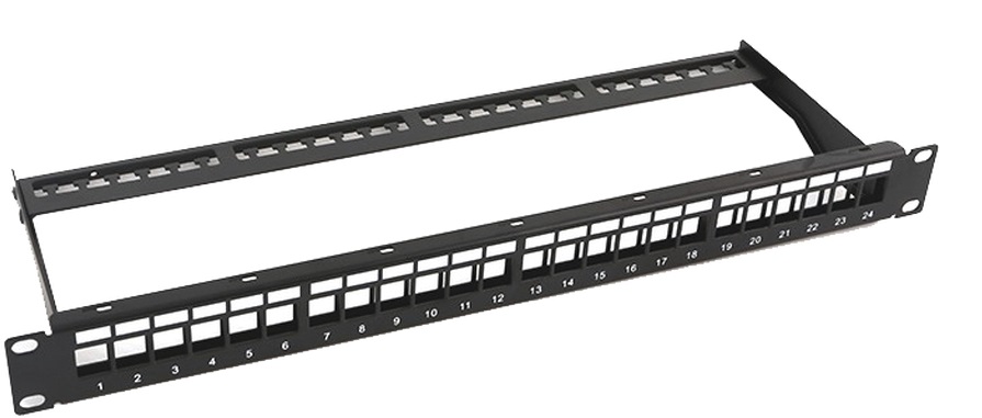 Patch 24-Puertos – LinkedPro LP-PP-23-UTP-BK-24P | 2112 - Patch panel modular sin blindaje de 24 puertos, con barra para organizar cable, Blindado, Color: Negro, Unidades de rack: 1, Compatible solo con jacks de Linkedpro