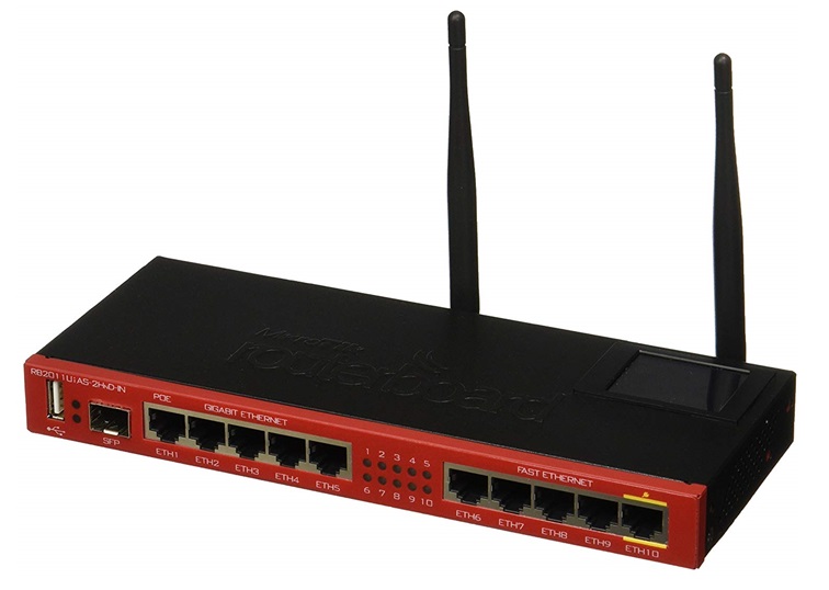 Router Board 300 Mbps - MickroTik RB2011UiAS-2HnD | Procesador de Red Atheros 600MHz, Memoria RAM 128MB, Almacenamiento 128MB, 5x Puertos Ethernet 10/100, 5x Puertos Ethernet Gigabit, 1x Puerto SFP, 1000 mW de 2.4 GHz 802.11bgn, puerto serie RJ45