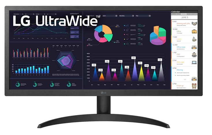 Monitor UltraWide - LG 26WQ500-B / 26'' FHD | 2209 - 26WQ500-B.AWP / Monitor Panorámico LG 26'' Full HD, Panel IPS, HDMI, Resolución 2560 x 1080, Brillo 250 cd/m², Frecuencia 75Hz, Aspecto 21:9, Visualización 178°/178°, Color 16.7M, VESA 100x100