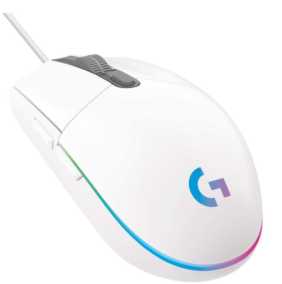 Mouse Alámbrico Gaming – Logitech G203 / 910-005791 - Blanco | 2109 – Mouse Gaming, RGB Lightsync, 6 botones programables, Resolución: 200 – 8.000 dpi, Velocidad de respuesta, 1 ms, Rueda de desplazamiento, Conector: USB-A, Dimensiones: 117 x 62 x 38 mm