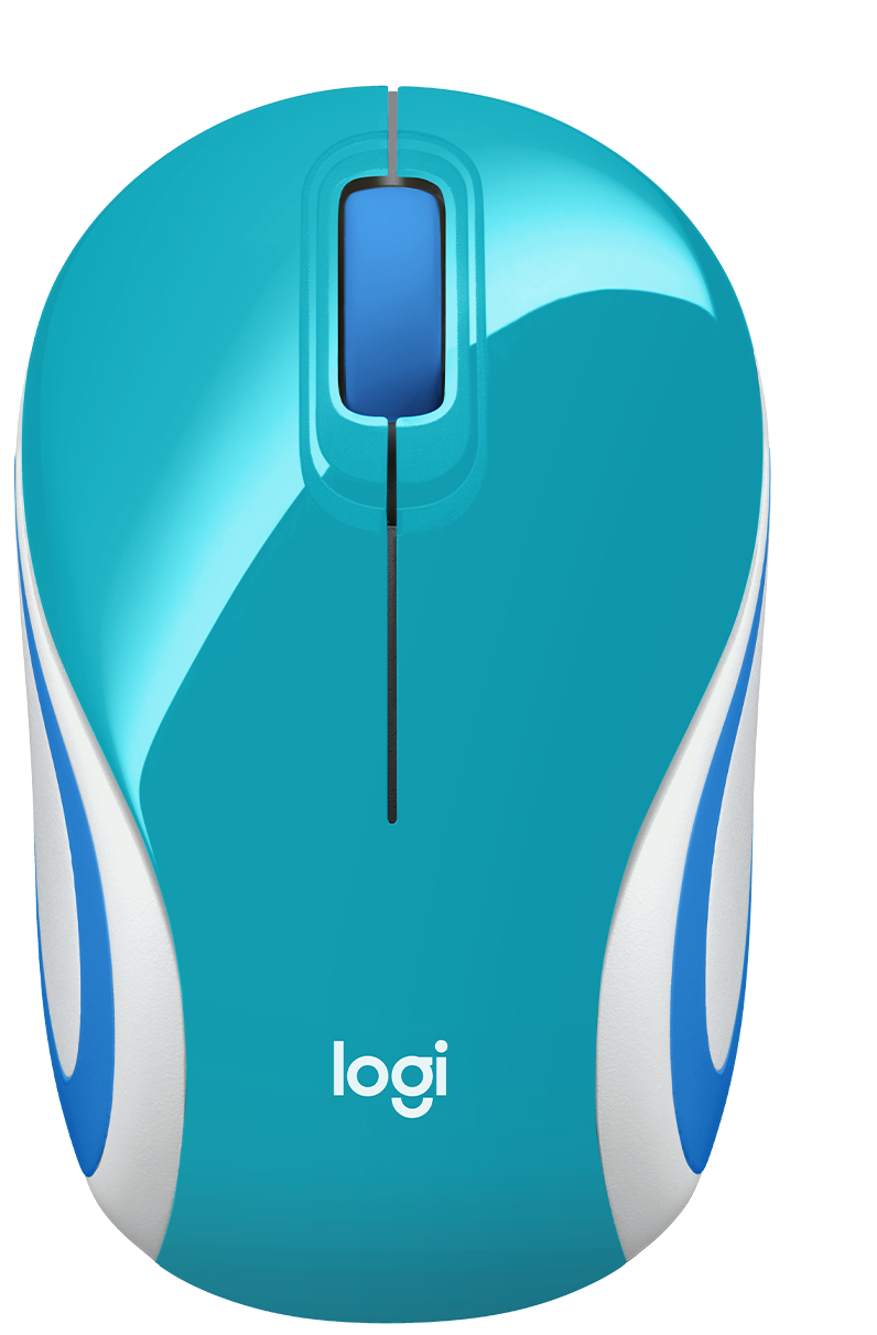 Mouse inalámbrico - Logitech M187 / 910-005363 – Azul Claro | 2109 - Mini mouse inalámbrico, Sensor óptico, 1000 dpi, Botones: 3, Botón scroll, Ambidextro, Baterías: 1x AAA, Cobertura: 10 m, Interfaz: Receptor USB, Conector: USB-A