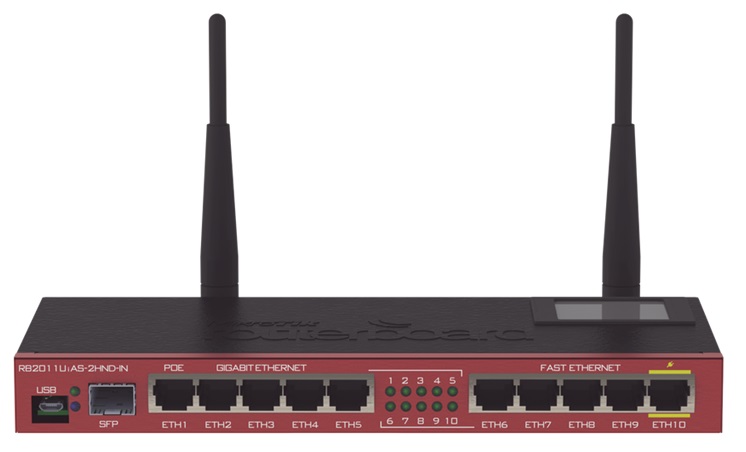 RouterBoard 10-Puertos – MikroTik RB2011UIAS-2HND-IN | 2109 - Router 5-Puertos de Red Gigabit, 5-Puertos de Red 10/100, 1-Puerto SFP, 1-Puerto USB, 1-Puerto Serial RJ45, Estándar Inalámbrico 802.11n, Banda de 2.4Ghz, 2-Antenas 4dBi, Procesador 600Mhz