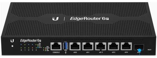 Router EdgeMAX PoE - Ubiquiti ER-6P | Puertos: 1 x Ethernet, 5 x Gigabit Ethernet PoE, 1 x Gigabit SFP, Memoria flash: 4 GB, Procesador: 1 GHz, Memoria: 1 GB, Potencia: 60 W, DC de potencia de entrada: 24 VDC a 2.5 A, Energía de entrada de CA