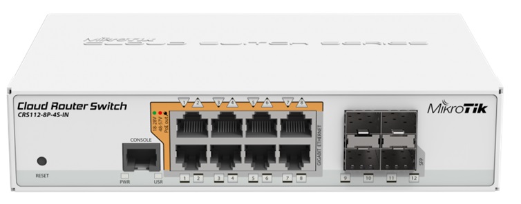  Switch PoE  8-Puertos – MikroTik CRS112-8P-4S-IN | Capa 3, 8x Puertos LAN Gigabit, 4x Puertos SFP, Memoria RAM 128MB, Memoria Flash 16MB, PoE Pasivo, Sistema Operativo: RouterOS, Tabla MAC: 16K, Jumbo Frame 9K, Hasta 4.000 VLAN concurrentes
