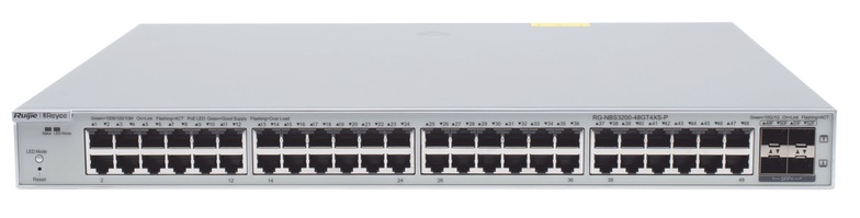 Switch PoE 48-Puertos / Ruijie RG-NBS3200-48GT4XS-P | 2310 - RG-NBS3200-48GT4XS-P / Switch administrable con funciones capa L2 multiservicio, 48-Puertos LAN Gigabit PoE+, 4-Puertos SFP+ 10GBase-X, Presupuesto PoE 370W, Capacidad de conmutación: 336 Gbps