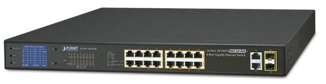 Switch PoE 16-Puertos / Planet FGSW-1822VHP | 2401 - Switch No Administrable con funciones de capa L2, Optimizado para Videovigilancia IP, 16-Puertos LAN 10/100 PoE+, 2-Puertos LAN Gigabit, 2-Puertos LAN/SFP Gigabit, Presupuesto PoE 300W