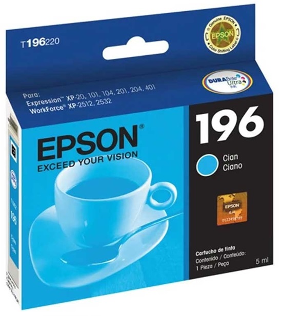 Tinta Epson 196 T196220-AL Cian | 2110 - Tinta Original Epson T196220-AL Cian 