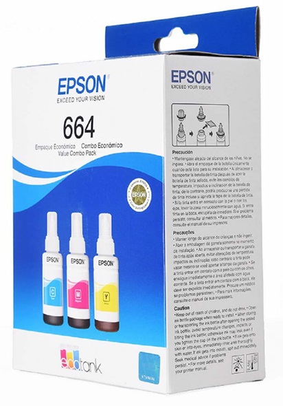 Tinta Epson 664 T664520 / Pack Tri-Color | 2308 - Tinta Original Epson 664 Tricolor. El Kit incluye: T664220 Cian, T664320 Magenta, T664420 Amarilla. Rendimiento estimado: 4.000 Páginas al 5%.