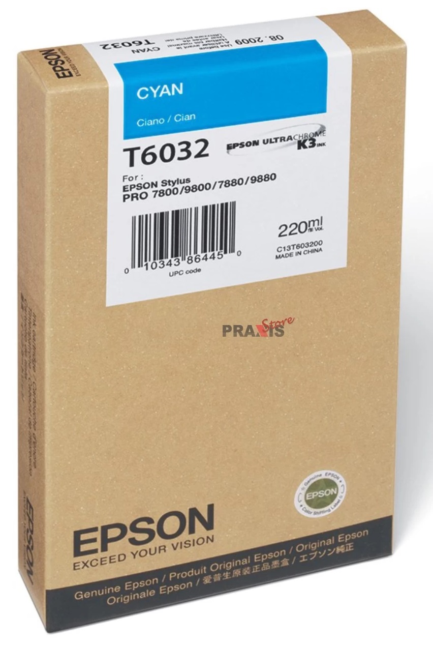Tinta Epson T6032 Cian / 220 ml | 2301 - Cartucho de Tinta Original Epson T603200 Cian de 220 ml. Plotters Compatibles: Epson Stylus Pro 7800, 9800, 9880