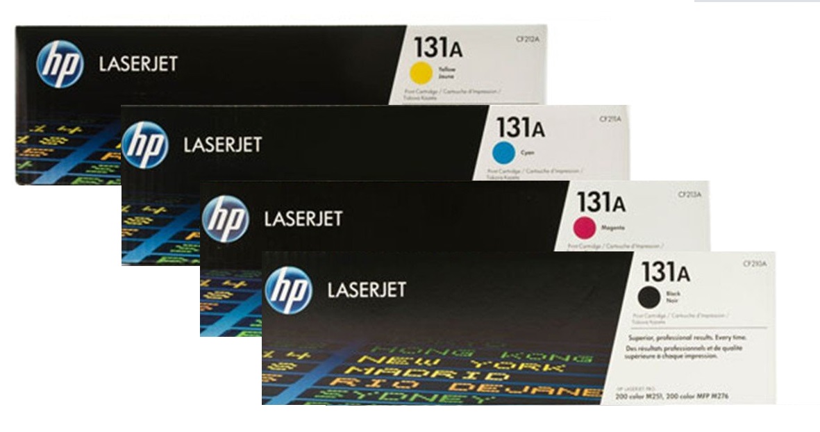 Toner para HP M251 / HP 131A | 2402 - Toner Original para HP Color LaserJet Pro M251nw. El kit Incluye: CF210A Negro, CF211A Cian, CF212A Amarillo, CF213A Magenta. Rendimiento: Color 1800 / Negro 1600 Paginas al 5%.