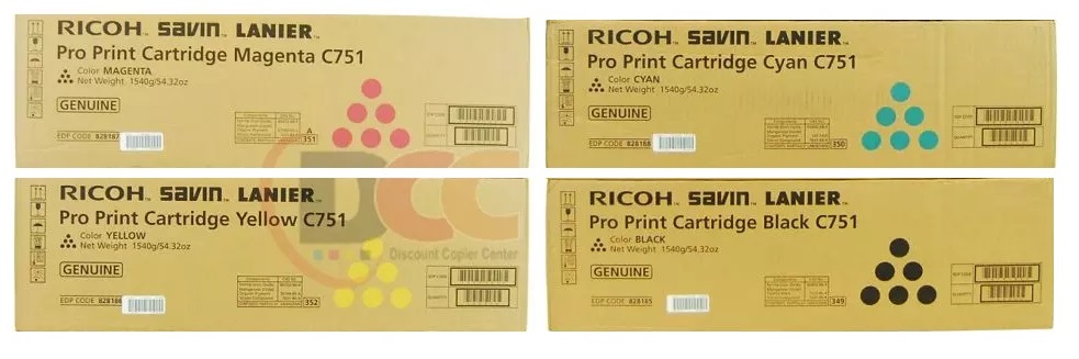 Toner para Ricoh Pro C651EX | 2108 - Toner Original Ricoh C751. El Kit Incluye: 828185 Negro, 828186 Amarillo, 828187 Magenta, 828188 Cian. Rendimiento Estimado: Color 48.500 Pág / Negro 48.500 Pág al 5%.